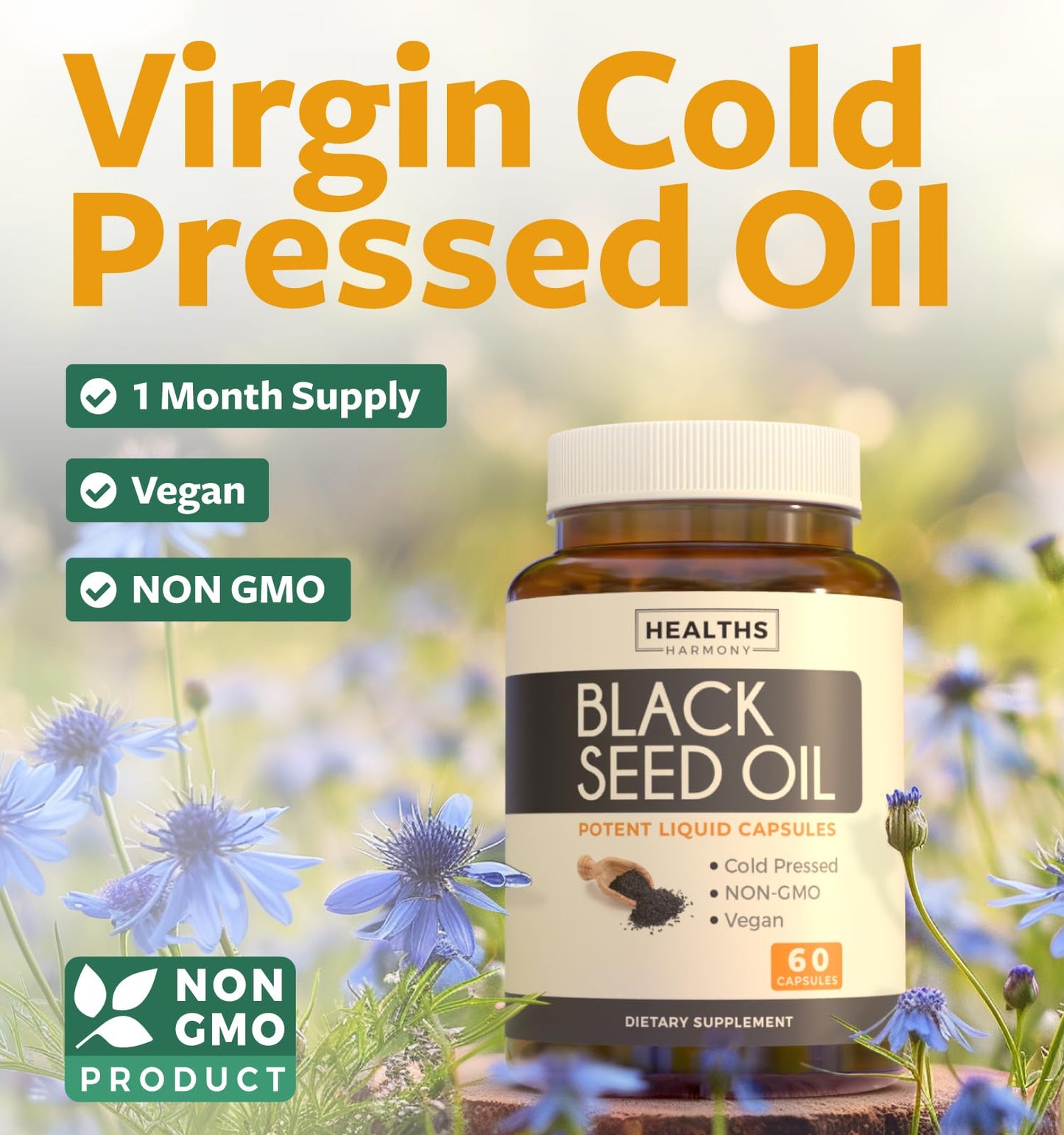 Black Seed Oil - 120 Softgel Capsules Skin Health (Non-GMO & Vegan) Cold-Pressed Nigella Sativa Producing Pure Black Cumin Seed Oil with Vitamin E - 500mg Each, 1000mg Per 2 Capsule Serving